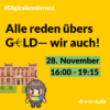 Grafik mit einem Männchen und einem Gebäude in der Optik alter Computerspiele. Text: #Digitalkonferenz: Alle reden übers Geld – wir auch! 28. November, 16:00–19:15. d-s-e-e.de